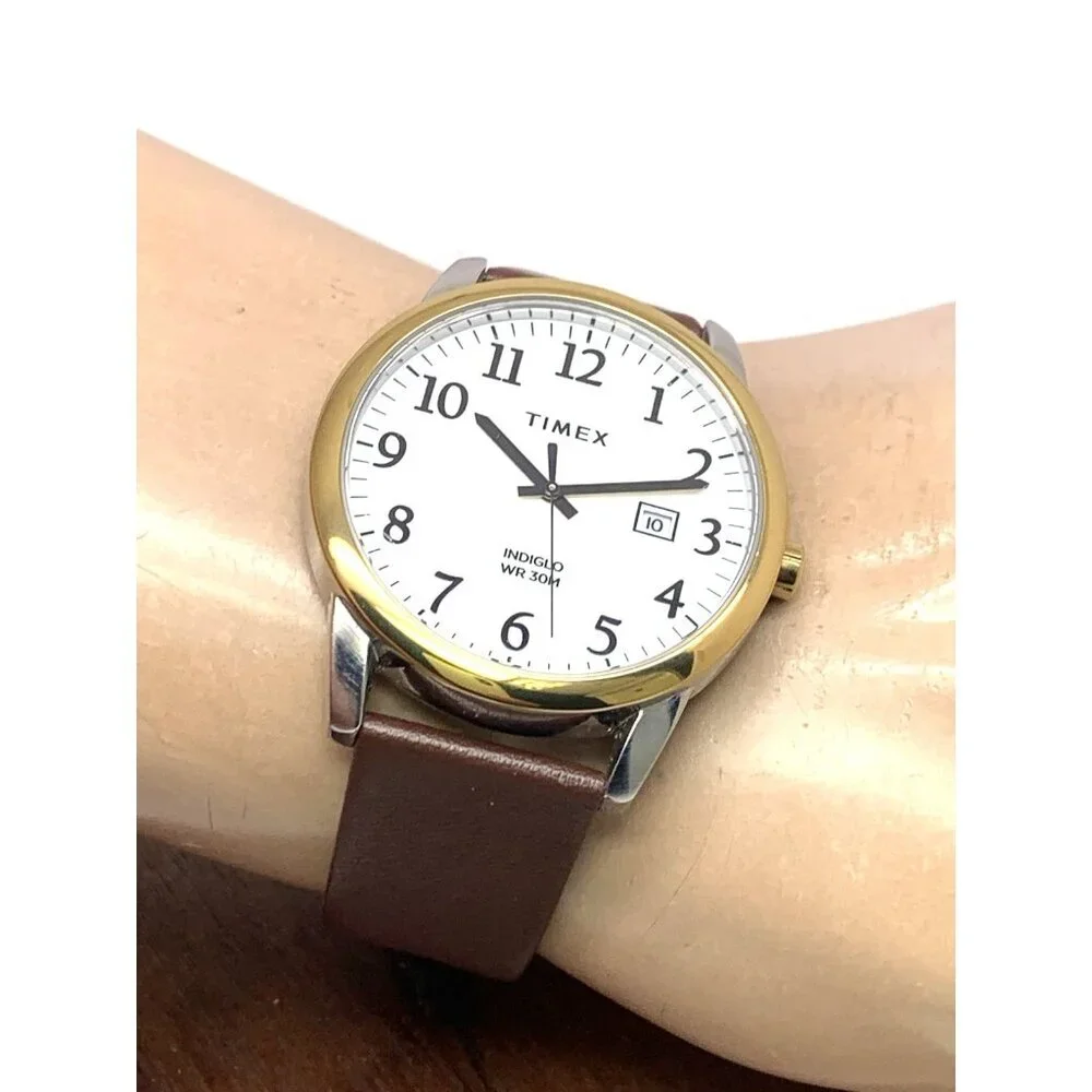 Timex Men's Watch TW2W52100 Quartz Indiglo White Dial Date Brown Leather 40mm